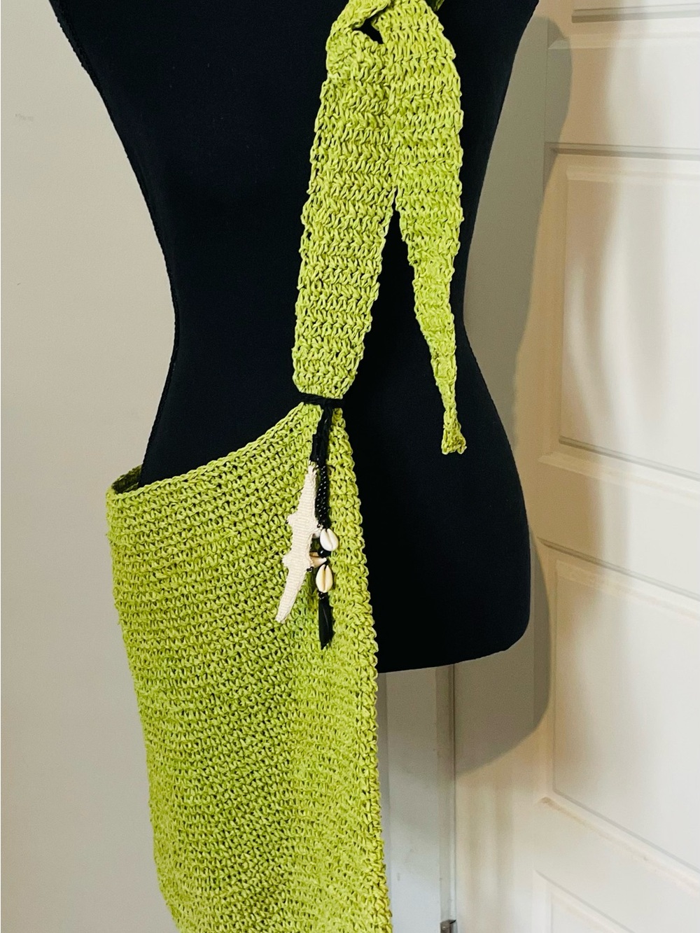 Free People Lime Green Crochet Crossbody Bag with Shell Accents